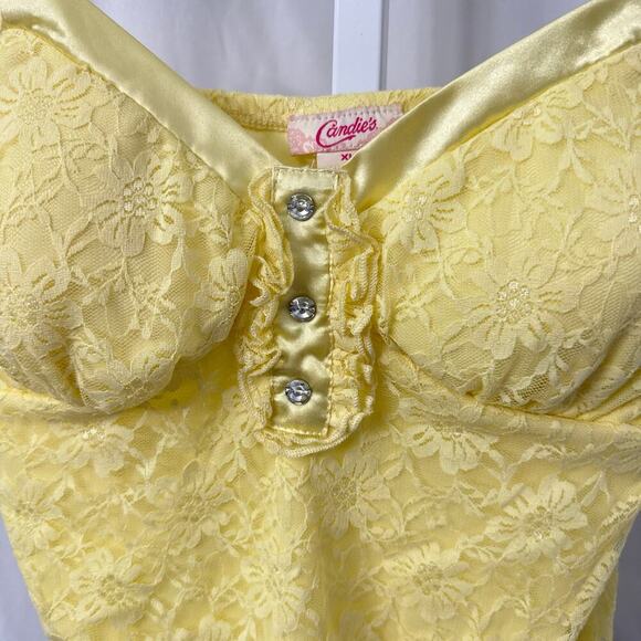 Candies Y2K Babydoll Top XL Yellow Lace Rhinestone Floral - Picture 7 of 12